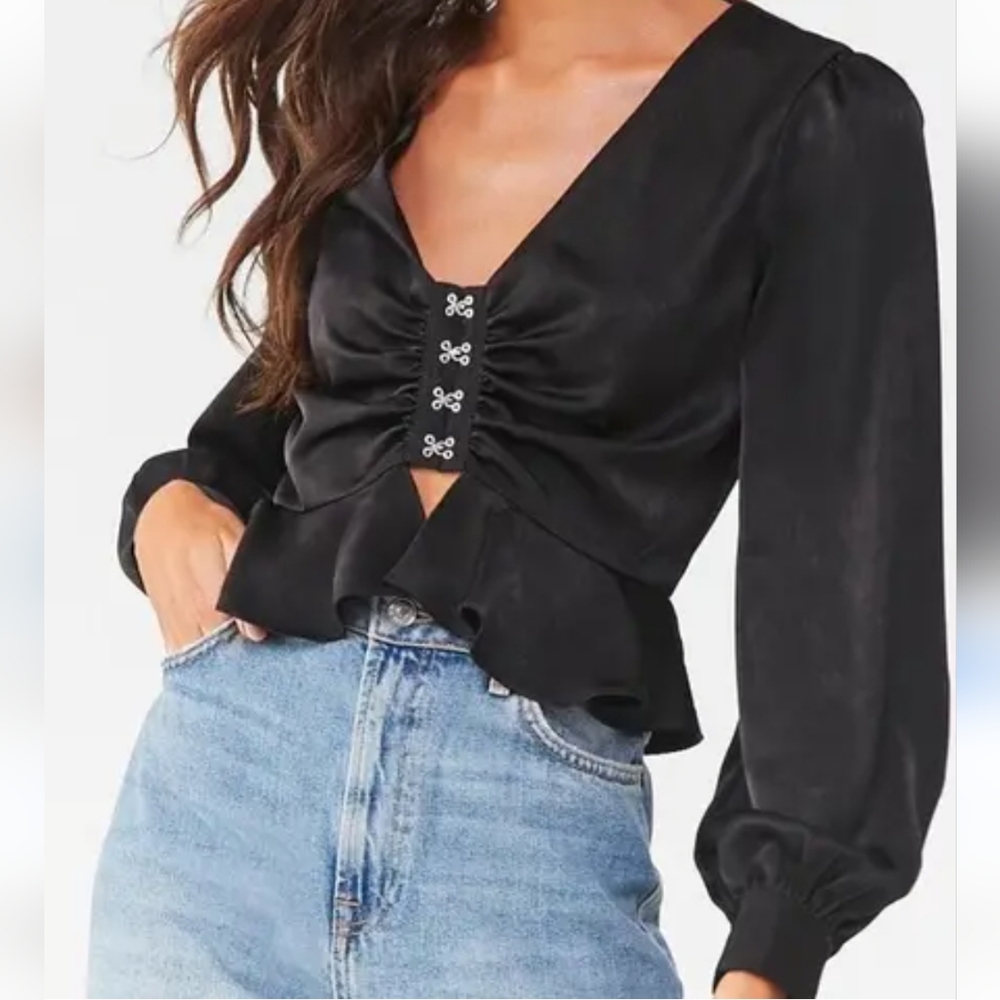 Forever 21 Black Satin Flounce Top Deep V Neck w/ Hook & Eye Closure